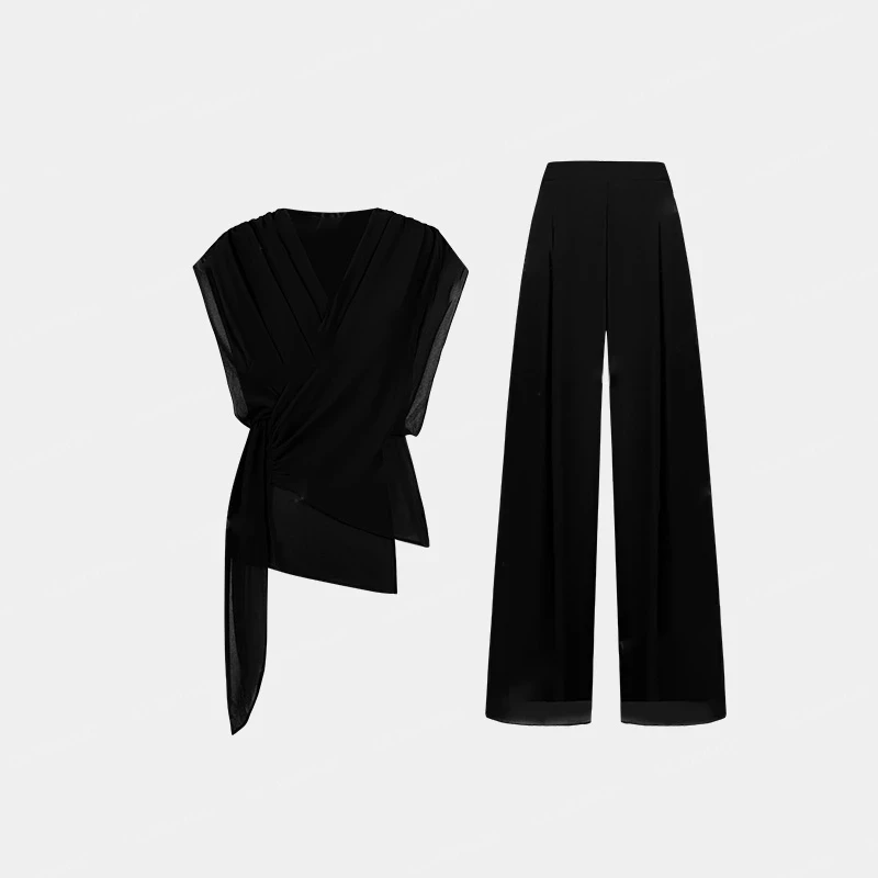 【两件套】轻奢时尚显瘦百搭V领不规则衬衣+休闲阔腿裤套装D1843