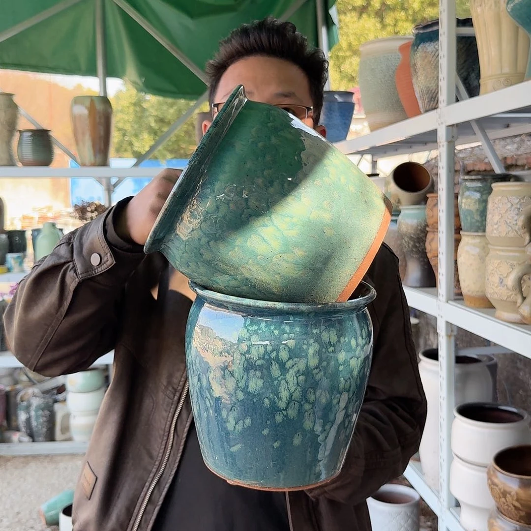 紫砂花盆口20高20（雪花绿大口