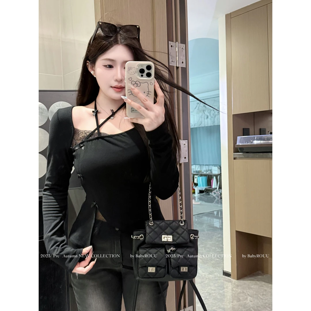 【美露电波】温与柔挂脖拼接蕾丝打底性感修身短上衣