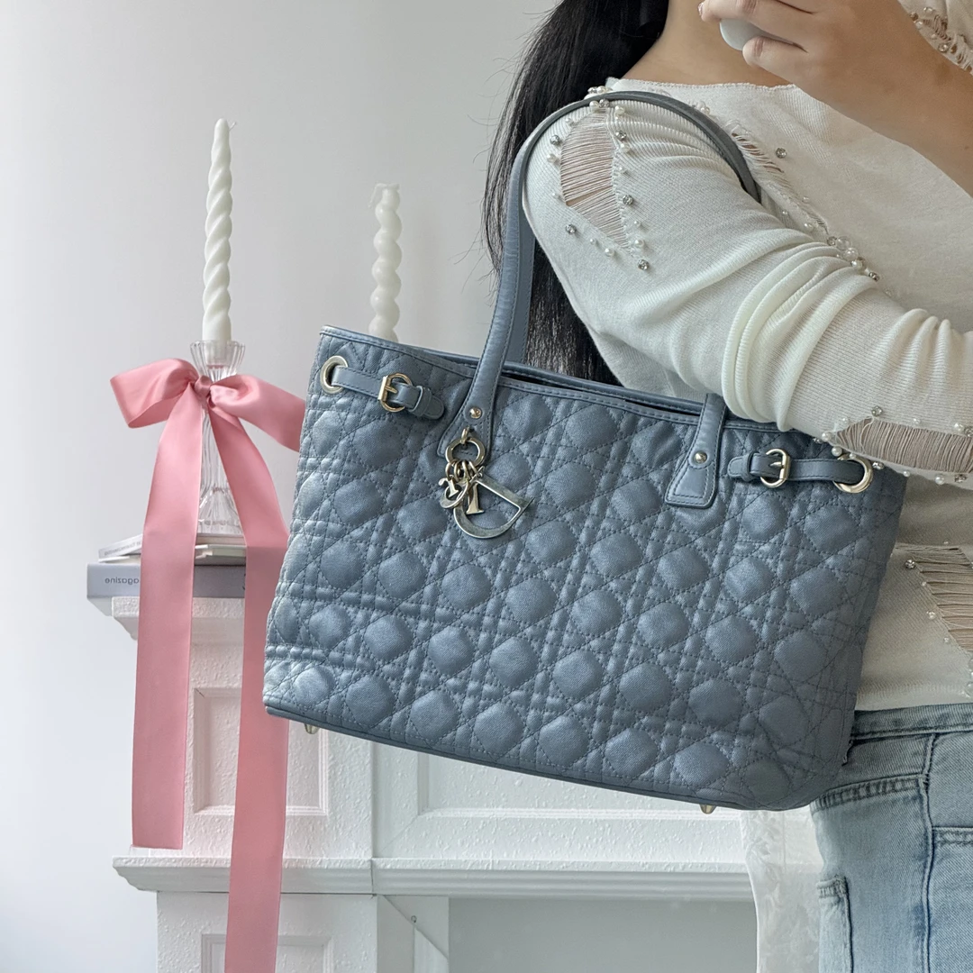 95新 DIOR/迪奥 dior雾霾蓝藤格纹小号托特包