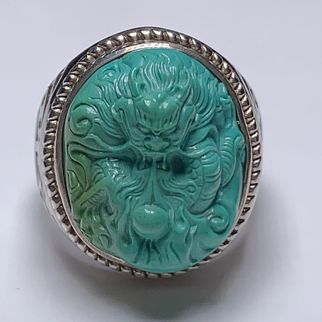 原矿高瓷绿松石精工雕刻龙925银镶嵌戒指
