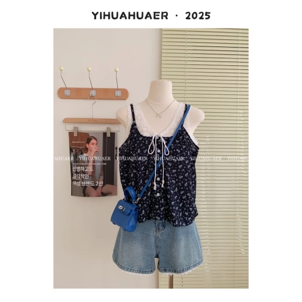 B东大门韩版2025夏款氛围感拼接镂空吊带设计感洋气碎花吊带2971