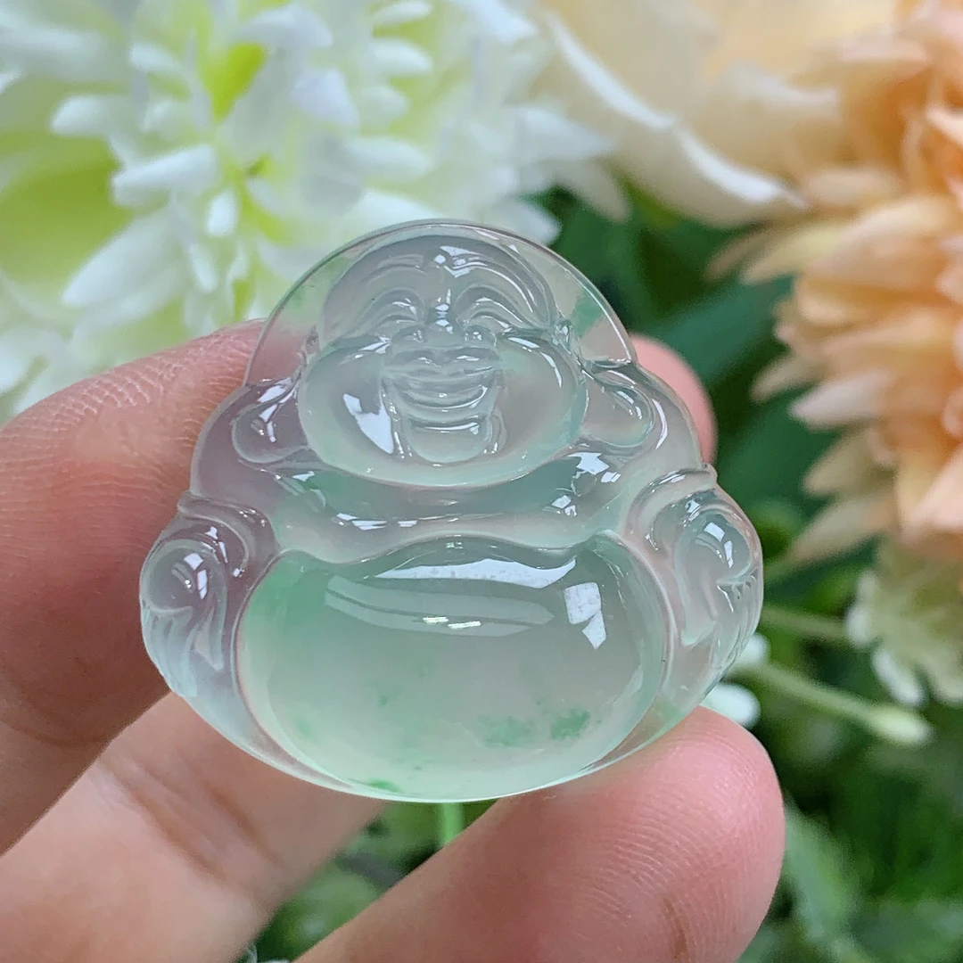 缅甸天然翡翠A货一刀高冰玻起钢飘绿佛公吊坠东尺寸27.2/28.9/7.4