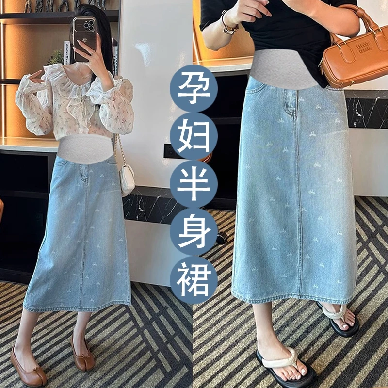 孕妇牛仔半身裙子女夏季外穿2025新款显瘦直筒包臀印花打底裙夏装