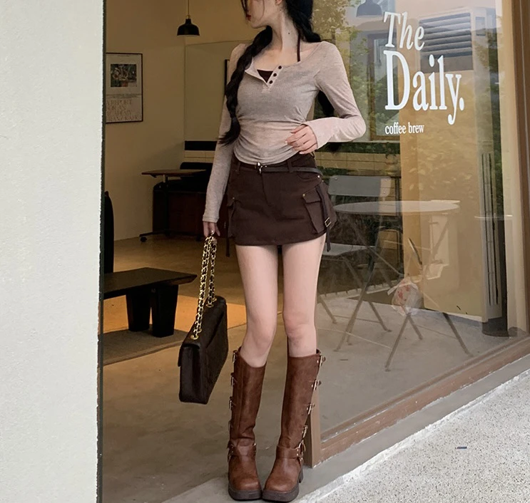 48030# 假两件长袖T恤女新款薄款罩衫牛仔短款套裙两件套