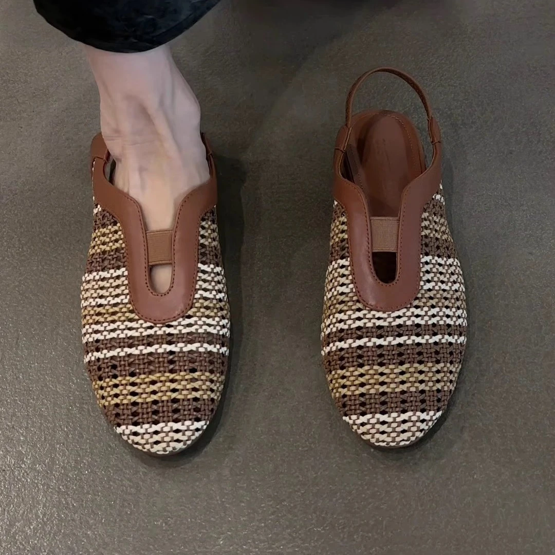 羊皮版~法式复古风时尚低跟编织镂空包头凉鞋女款气质夏季罗马鞋