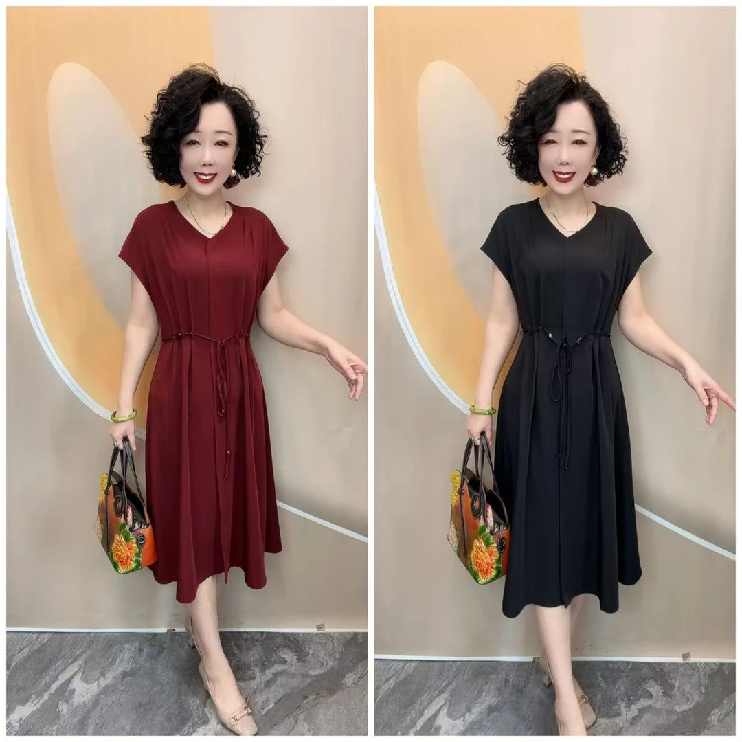 A71夏新品纯色调节腰时尚宽松大码大方长款连衣裙，裙长109