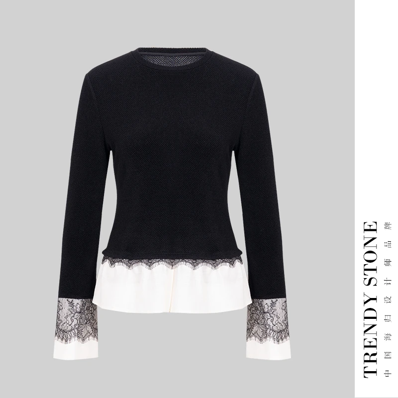 潮石法式优雅醋酸拼蕾丝上衣T71089350