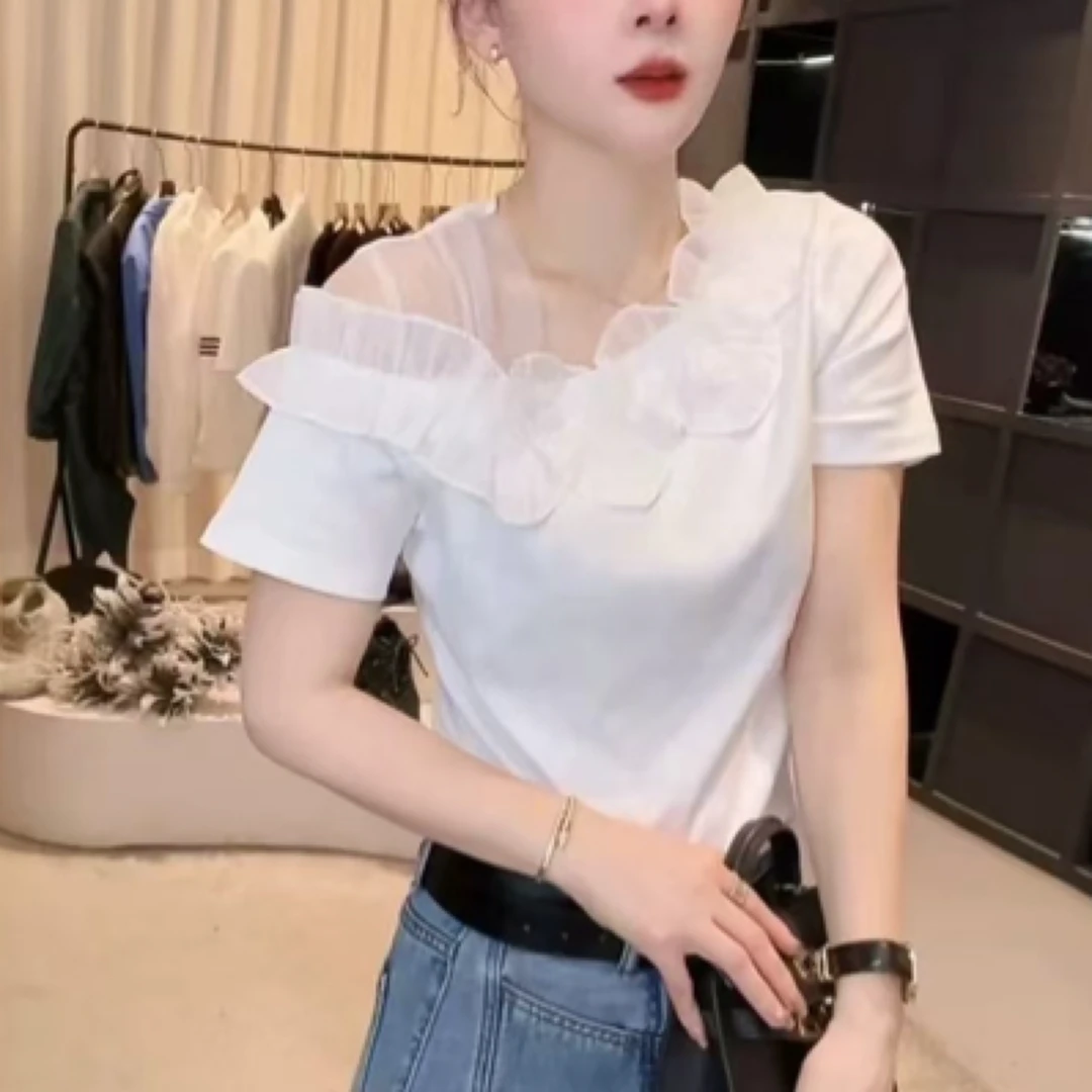 2025夏季新款拼接木耳花边露肩棉质短袖T恤女大码宽松显瘦上衣