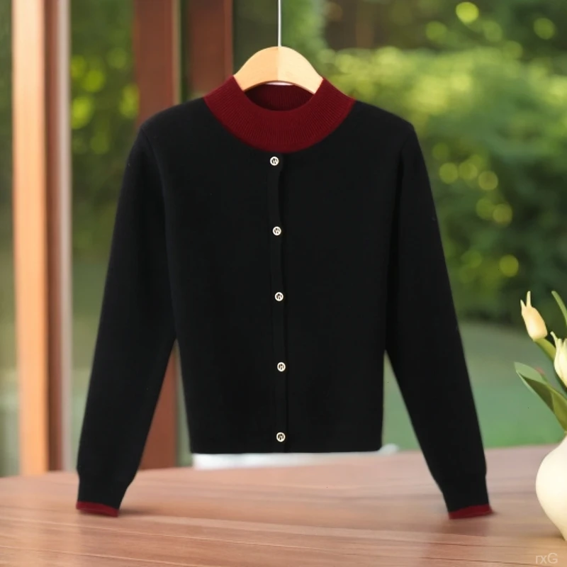 春秋装新款针织衫女假两件立领毛衣韩版2025年上衣网红款打底外套