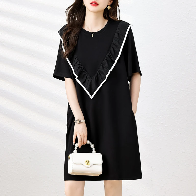 欧洲站木耳边拼接减龄宽松连衣裙2025夏季新款大码女装遮肚显瘦裙