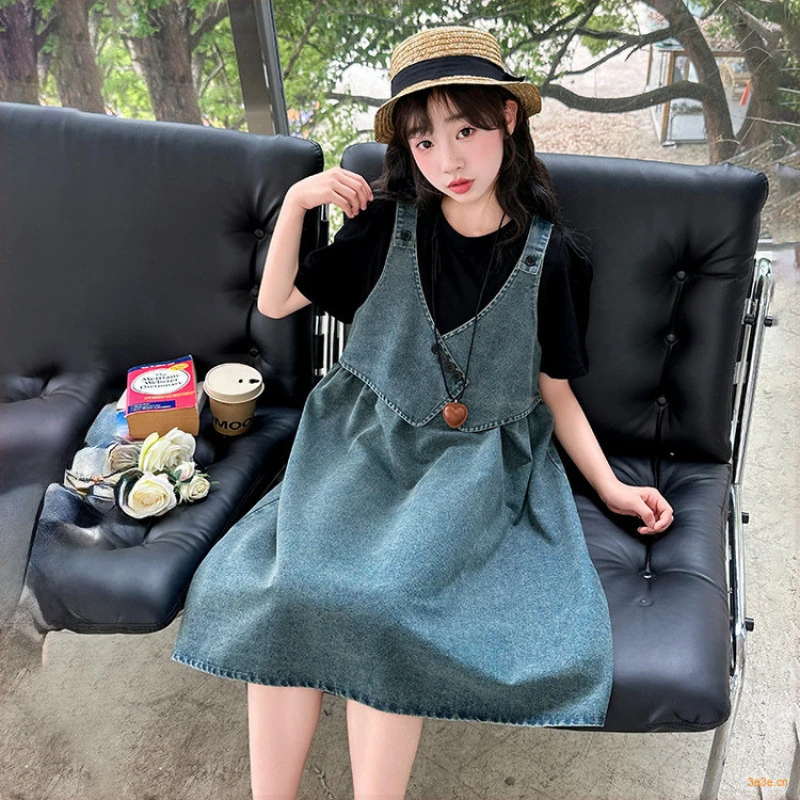 女童连衣裙夏装新款儿童短袖裙子夏季中大童假两件牛仔背带裙