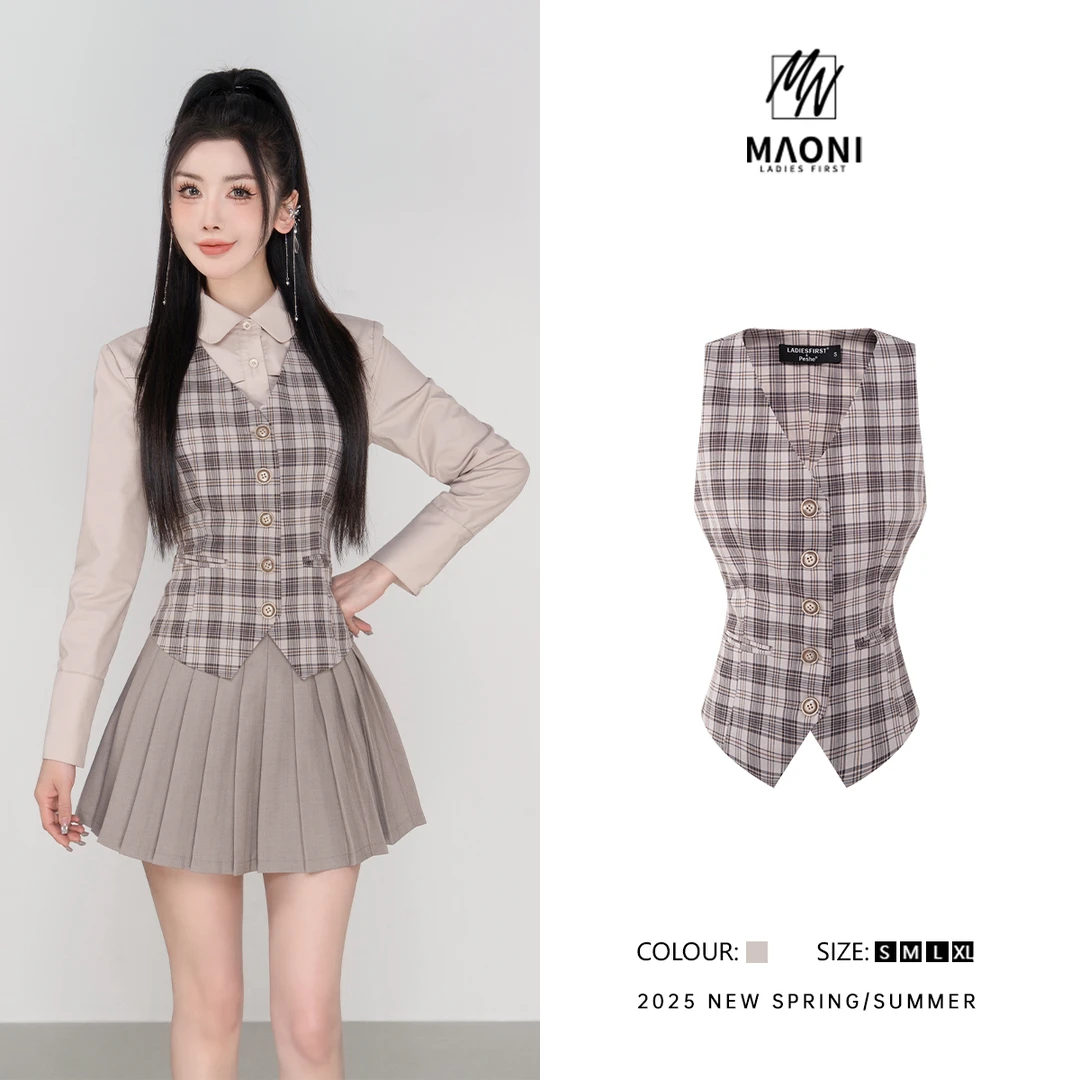 毛妮Peshe【格纹马甲】V领修身百搭气质显瘦背心马甲2025春 L1271