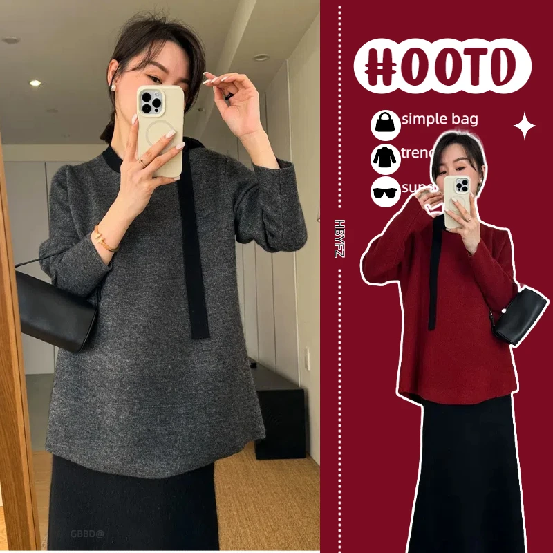 孕妇装秋冬装时尚加厚针织衫新款慵懒风纯色打底上衣百搭保暖毛衣