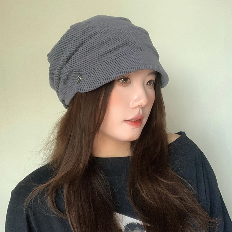 ［大头阿枝］大头围ins小檐包头帽条纹褶皱冷帽女SLR字母标堆堆帽子