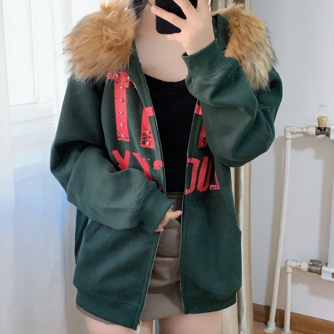 scs想文美式复古柳钉星星连帽毛领外套女宽松ins慵懒风chic上衣