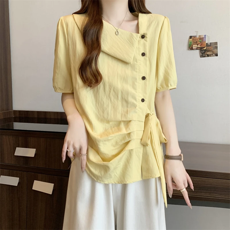 大码夏季微胖mm韩系设计感不规则斜领系带短袖衬衫女洋气收腰上衣