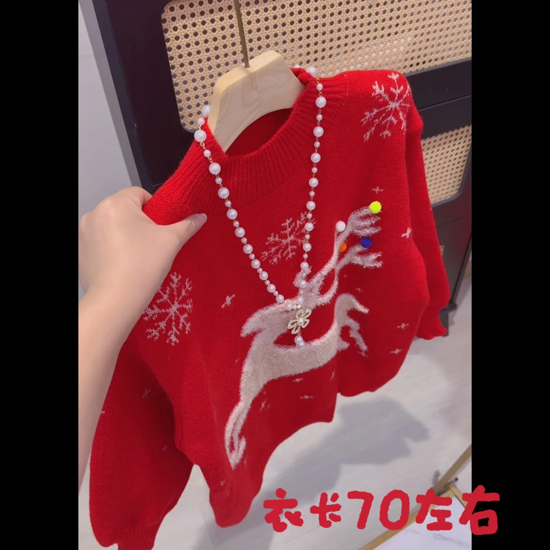 2850韩系圣诞风红色小鹿毛衣新款百搭宽松软糯慵懒风针织衫