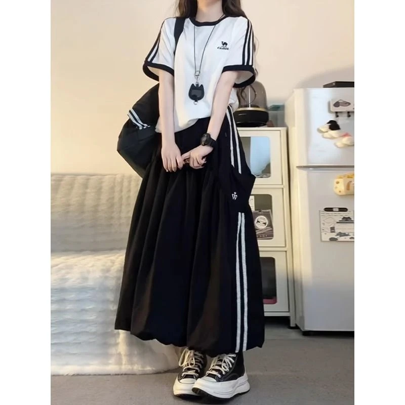 夏季宽松休闲短袖半身裙高级时尚两件套大码遮肉设计感运动套装女