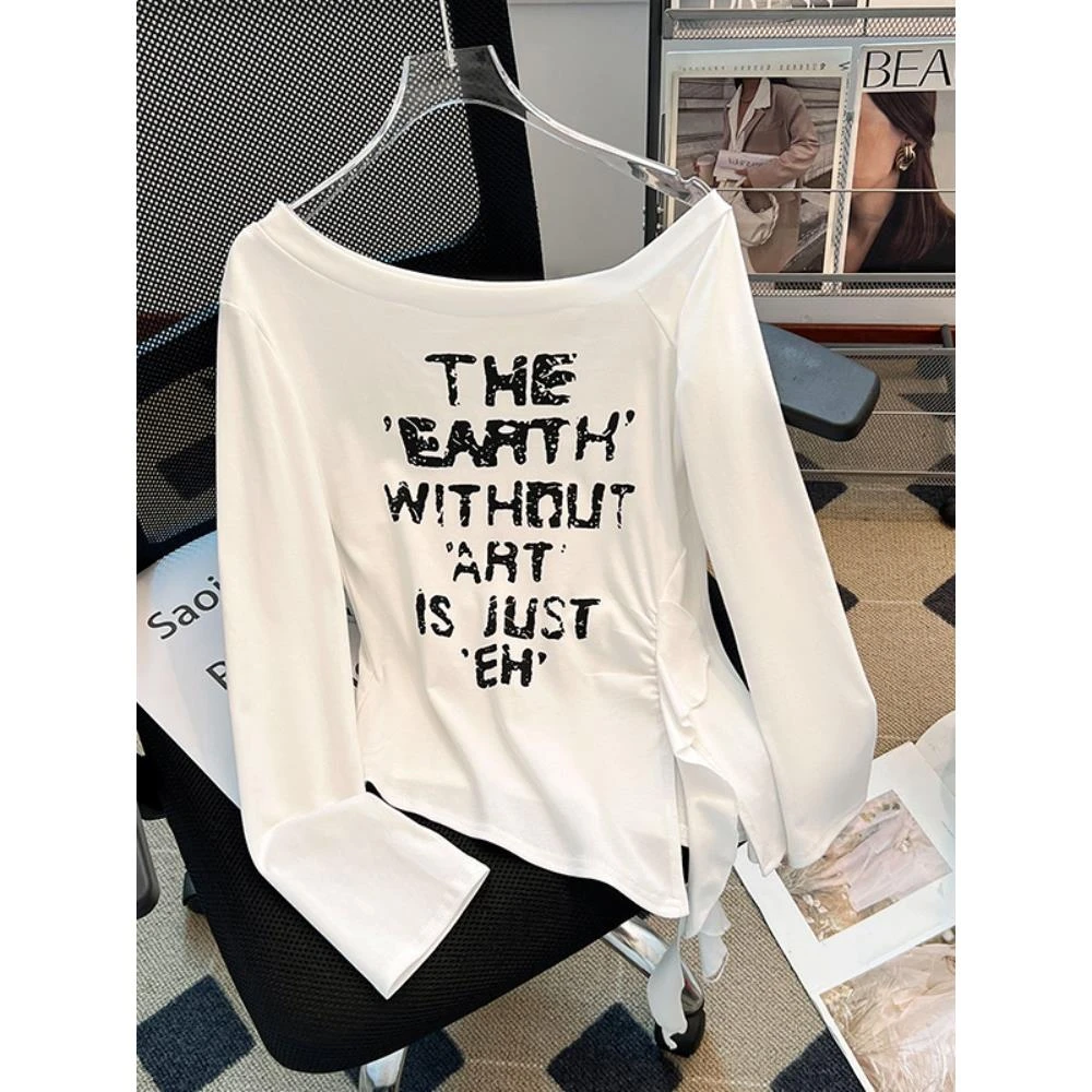 甜酷风一字斜领露肩长袖t恤女2025秋季新款设计感不规则短款上衣