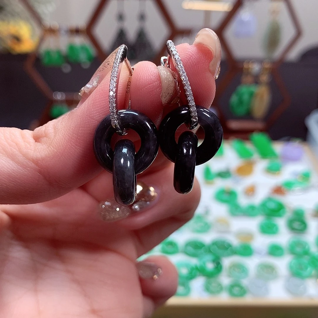 翡翠耳饰银S925镶嵌天然翡翠