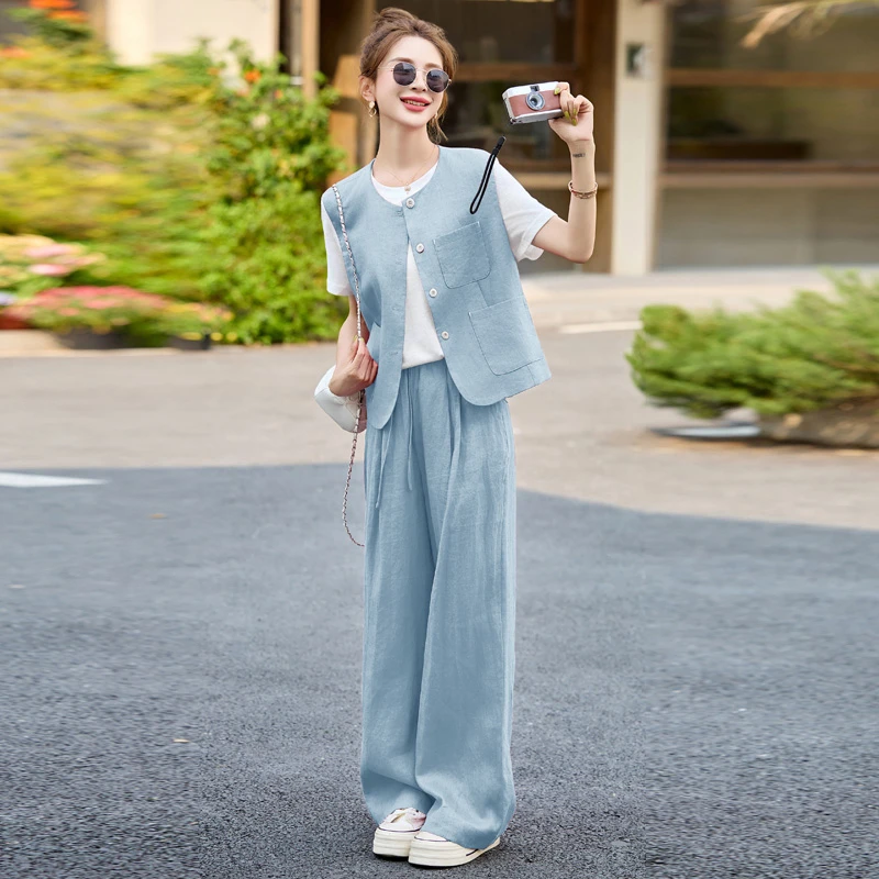 高级感亚麻套装女2025夏季新款时髦洋气百搭T桖马甲阔腿裤三件套
