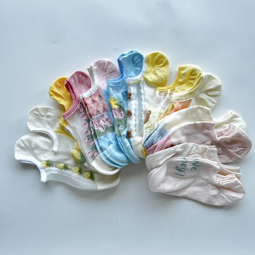 【出口日单】日单女款多巴胺彩色花朵蕾丝镂空船袜