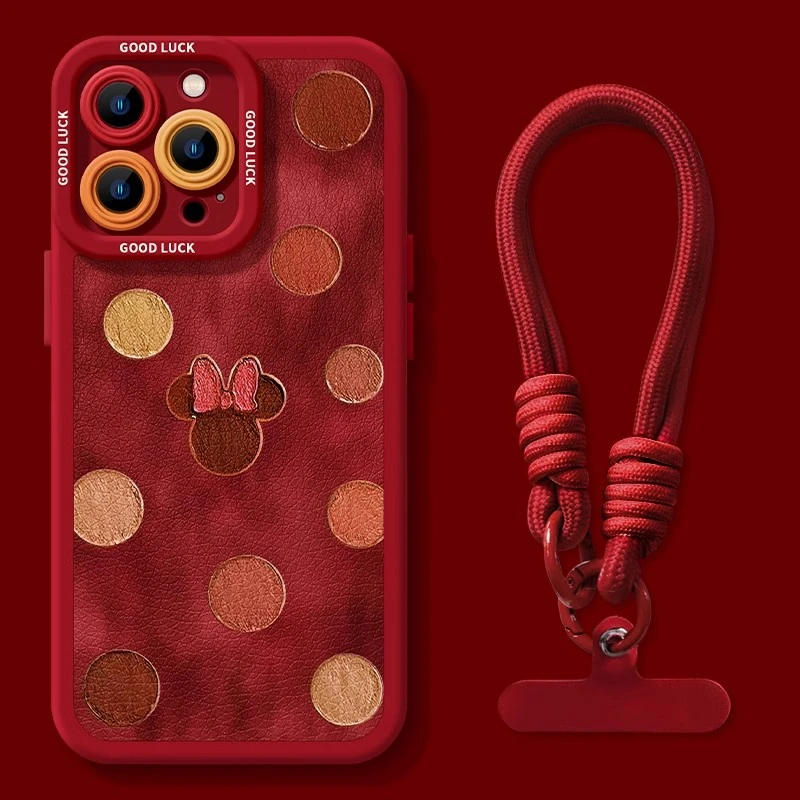 米妮适用苹果15手机壳iphone16深红色promax福2025挂绳13新年11