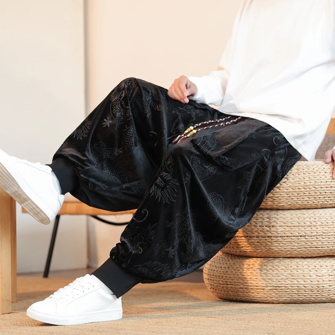 大码肥佬灯笼裤男款金丝绒束脚运动卫裤中国风龙纹提花宽松阔腿裤