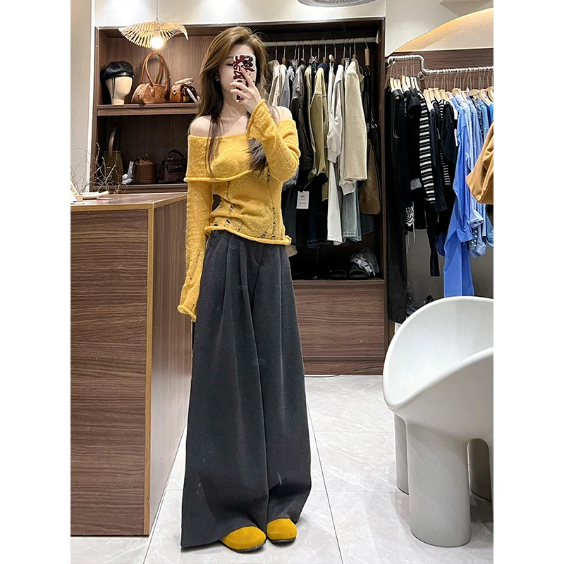 早秋季女装松弛感穿搭一整套韩系慵懒chic露肩上衣条纹裤子套装女