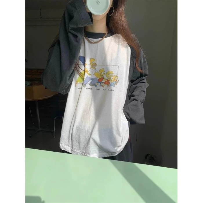 东大门泡菜 jane 夏季新款 圆领插肩袖辛普森印花防晒长袖T恤女