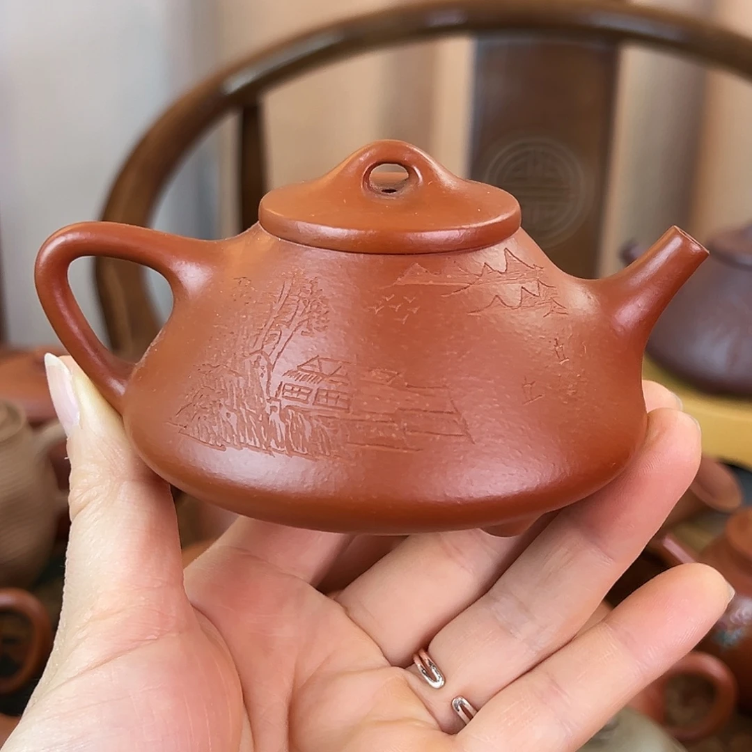 茶壶紫砂精品原矿 刻绘子冶石瓢 朱泥 170cc