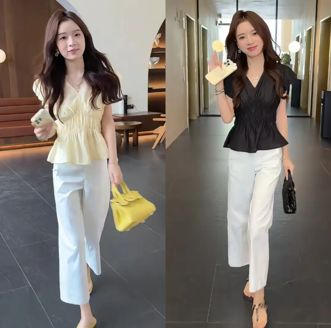 2025夏季爆款两件套法式V领短袖衬衫时尚收腰百搭上衣+高腰休闲裤