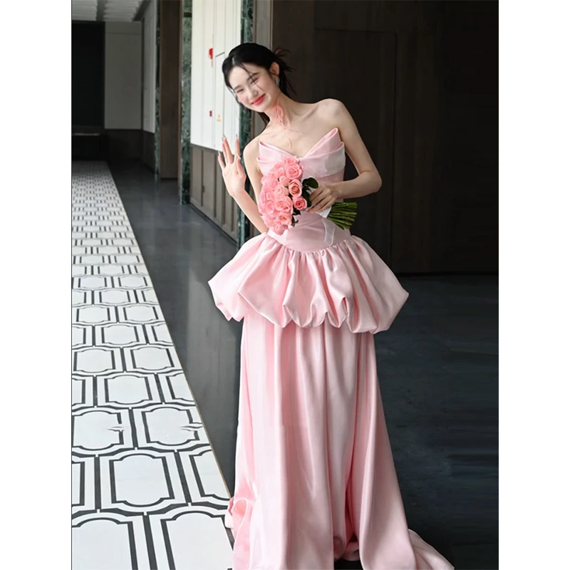 订婚礼服2025新款轻奢粉色晨袍抹胸法式主持人学生日艺考晚礼服