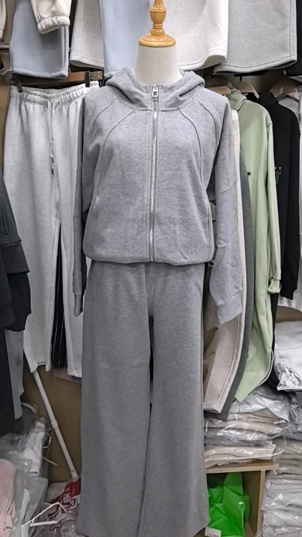 NO退NO换净版帽衫拉链外套阔腿直筒裤子上下套装女