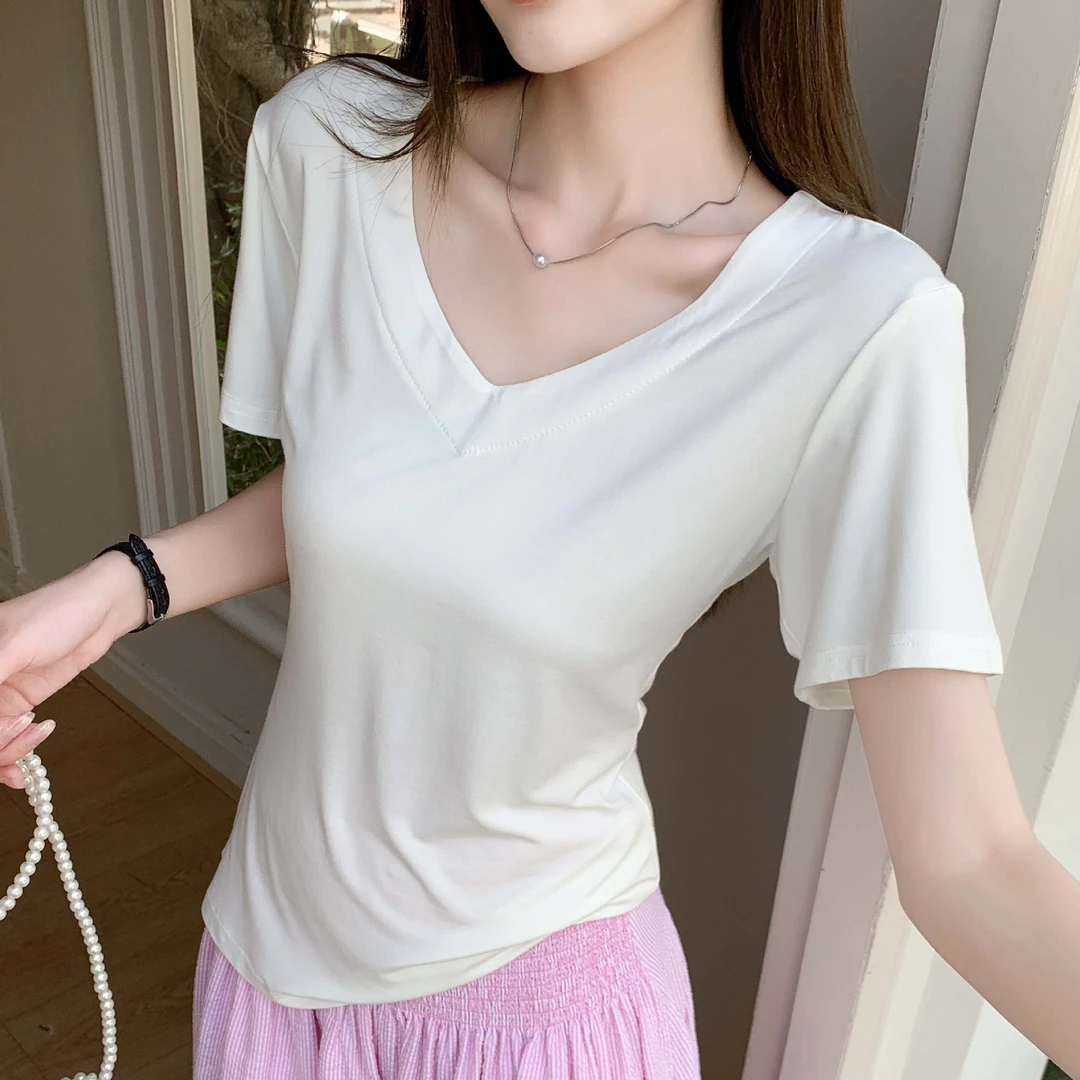 夏季v领半袖短袖t恤时尚百搭女士纯欲修身显瘦上衣显瘦修身上衣