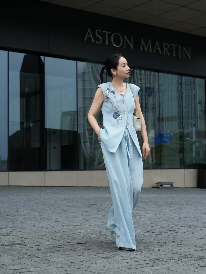 爱妃原创【水色】新中式休闲时尚宽松马甲裤子蓝色套装86816 86817