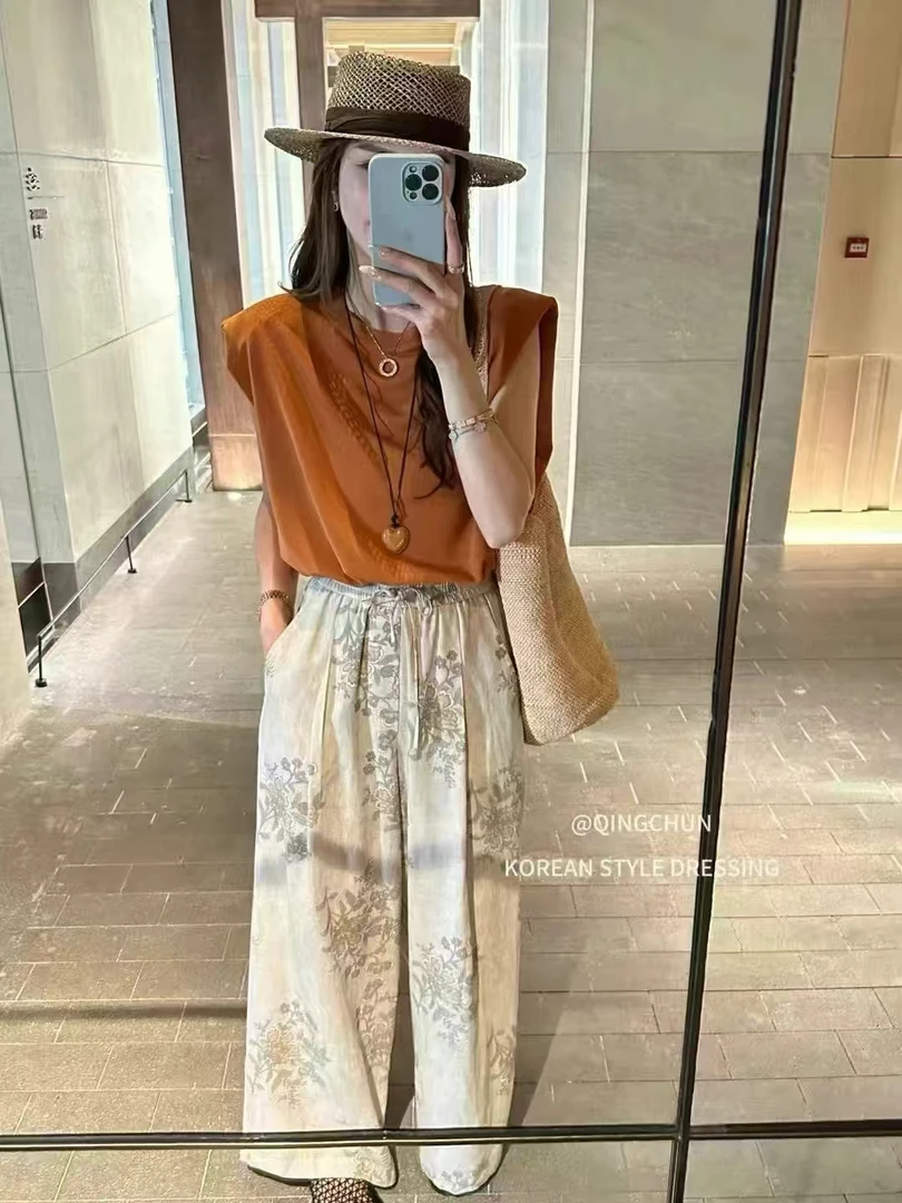 新款韩版时尚百搭显瘦短袖休闲复古阔腿裤套装