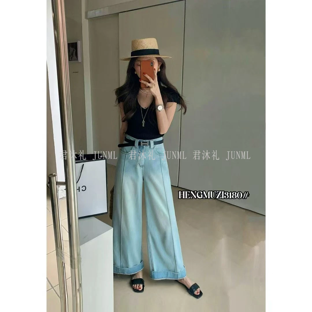 《君沐礼》3180夏季薄料特色裤角牛仔直筒10分阔腿裤