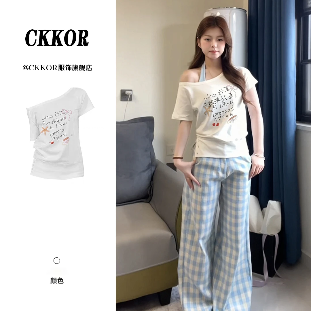 CKKOR夏季斜肩上衣新款穿搭短袖女t恤短款显瘦美式辣妹风百搭女装