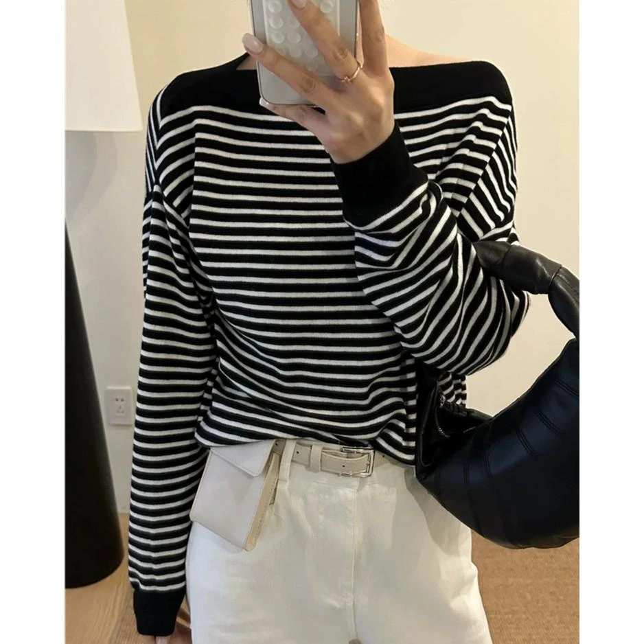 2025秋上新MEIZHENZI一字肩针织衫女宽松显瘦薄款气质小女人上衣