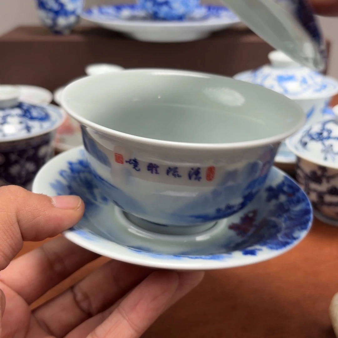 茶具微瑕不合缝三才山水盖碗景德镇发货