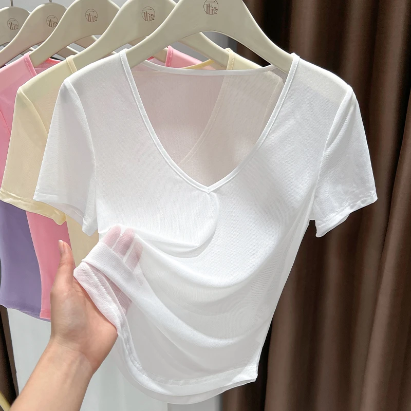白色简约V领短袖打底衫女2025夏季新款内搭弧形下摆透气网纱上衣