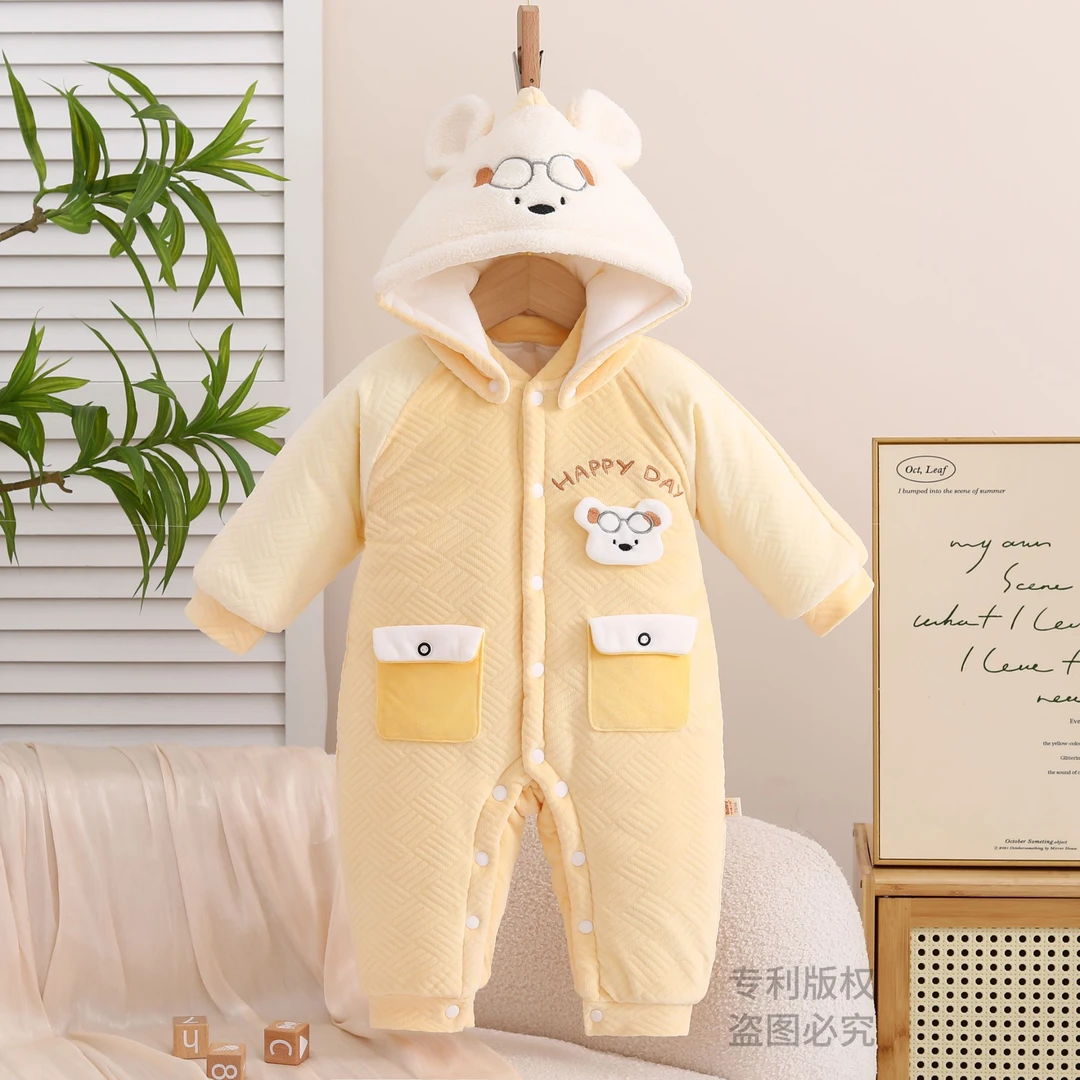 新款眼睛小熊新生儿冬季连体衣爬服连身衣可爱保暖婴儿哈衣外出服