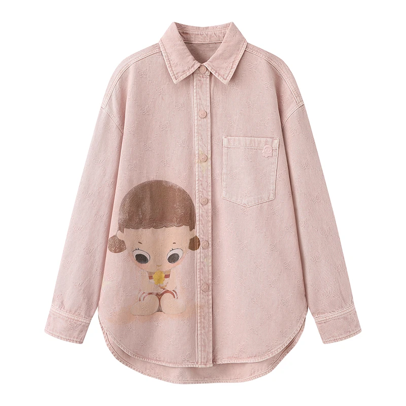 【Y2148】春新款宽松复古休闲卡通印花翻领粉色水洗牛仔衬衫外套女