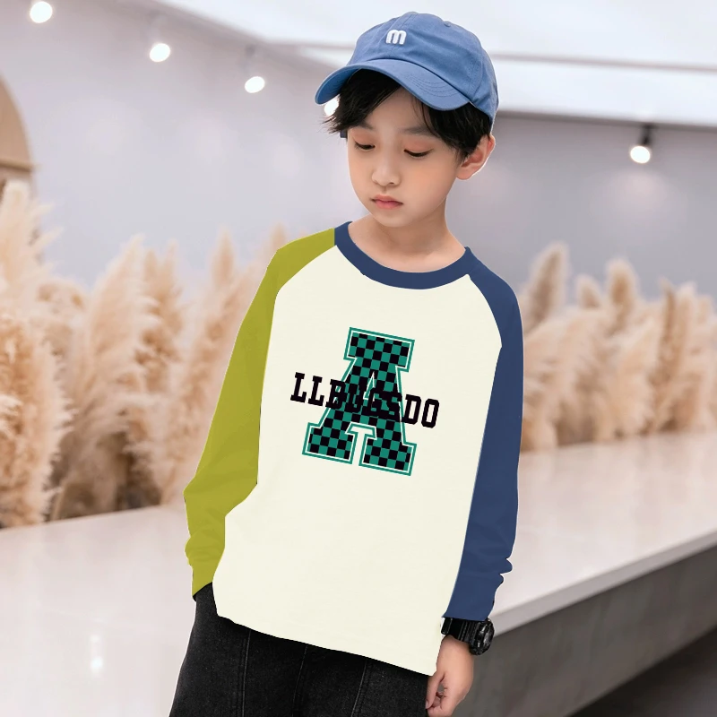 男童纯棉字母T恤春秋季儿童长袖男孩休闲衣服中大童插肩帅气童装