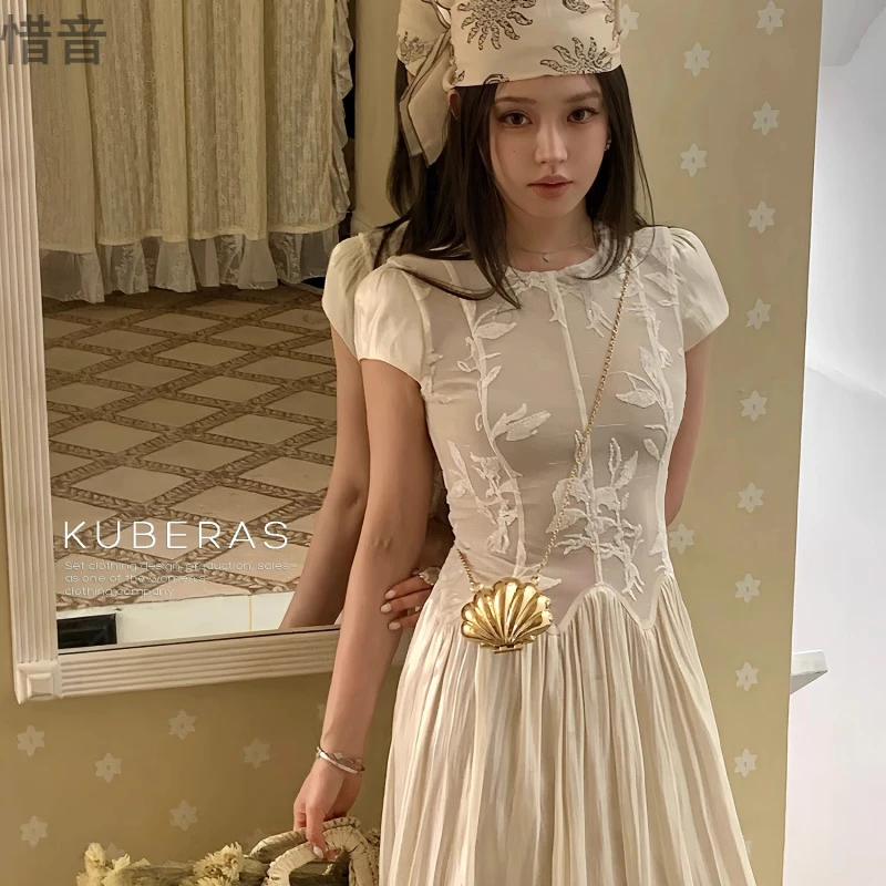 KUBERAS 高级感植绒网纱拼接长款收腰短袖连衣裙法式气质A字长裙