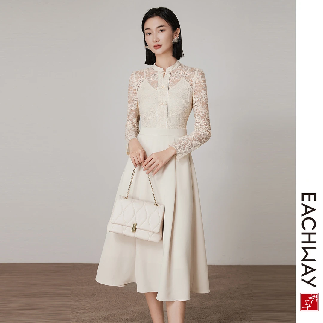 【温柔气质】新中式含棉连衣裙2024秋季国风蕾丝A字裙女