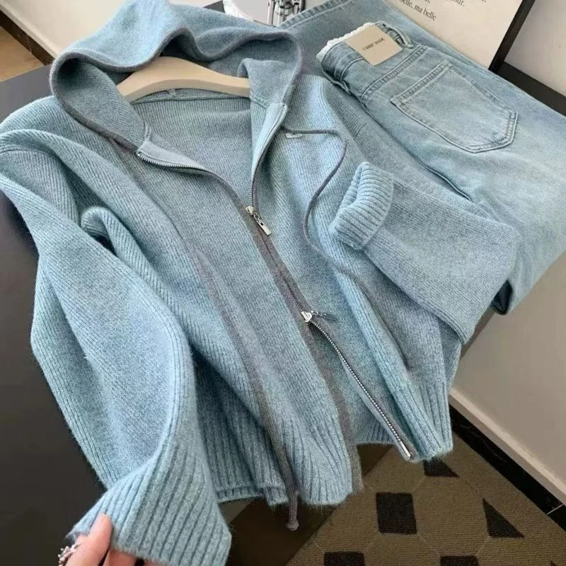 韩系软糯连帽针织开衫女2025秋冬新款慵懒风双拉链高级感毛衣外套