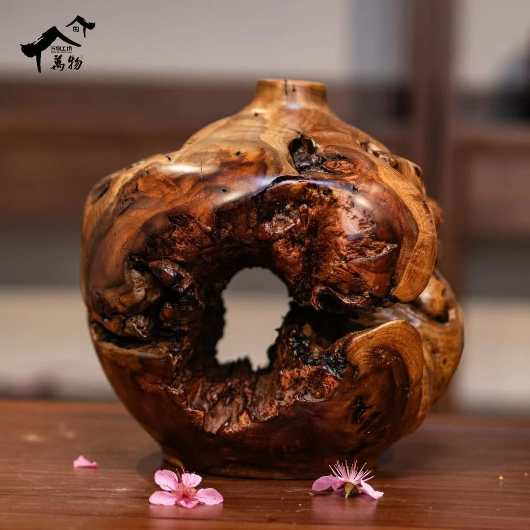 【万物工坊】百年古枣老料雷击贯穿木石榴瓶艺术插花摆件